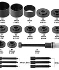 Components of 19pcs Front Wheel Drive Bearing Removal Installation Service Tool Kit FWD Bearing Install Master Set, labeled with sizes.