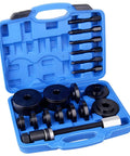 Open case showing 19pcs Front Wheel Drive Bearing Removal Installation Service Tool Kit with black components and blue case.