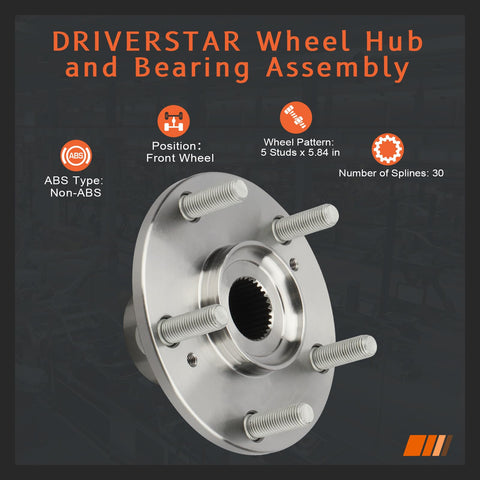 Driverstar wheel hub and bearing assembly for Honda vehicles, 5 stud pattern, non-ABS, front wheel, durable design.