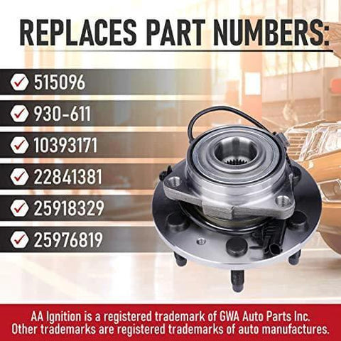 Front Wheel Hub Bearing Assembly for Chevy Cadillac & GMC 4WD with 6 lugs, shown replacing part numbers 515096, includes ABS sensor