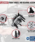 Front Wheel Hub Bearing Assembly for Chevy Cadillac & GMC 4WD with 6 lugs featuring ABS speed sensor and mounting points