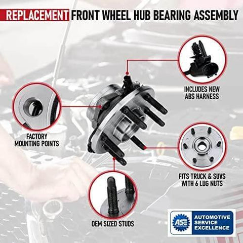 Front Wheel Hub Bearing Assembly for Chevy Cadillac & GMC 4WD with 6 lugs featuring ABS speed sensor and mounting points