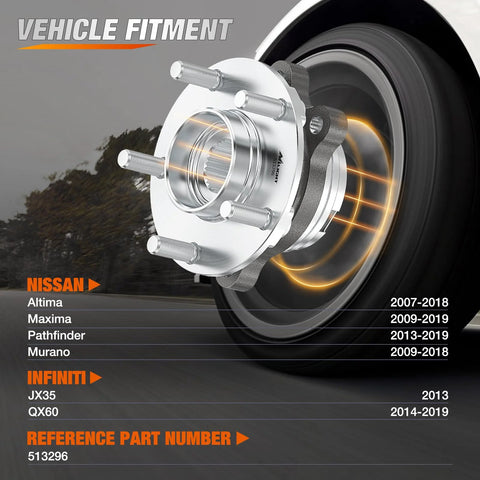 Front Wheel Hub Bearing Assembly Compatible With Nissan Altima Murano Maxima Pathfinder Infiniti QX60 JX35 QX50 32 Tooth Spline OE 513296 Replacement Part For Smooth Steering And Quiet Ride shown installed on vehicle wheel.