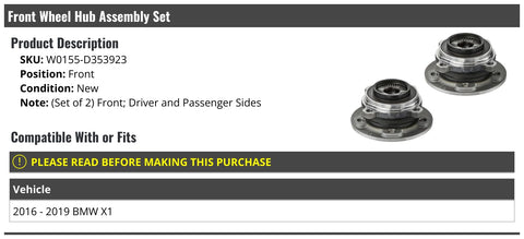 Front Wheel Bearing Hub Assembly Kit Set Of 2 For 2016 2019 BMW X1 Direct Bolt On Front Hubs No Fuss Install OE Quality Wheel Hub Replacement 2 Pack Smooth Ride Long Lasting Performance