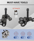 Front Wheel Hub Puller Bearing Removal Tool for 3-3/4 to 4-1/2 Inch IDs, displayed with flange type axle remover and drive fit adapter