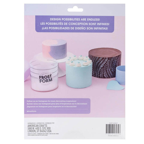 6 Inch Frost Form Starter Kit For Cake Decorating 7 Piece Set with liner, form, and base displayed with decorated cake samples