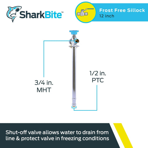 Frost Free Sillcock Outside Faucet With One Half Inch Push To Connect Inlet And Three Quarter Inch Garden Hose Outlet Includes Inlet Shut Off For Winter Drainage Brass Plumbing Fitting For PEX Copper CPVC PE RT HDPE.