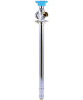 Front view of Frost Free Sillcock Outside Faucet With One Half Inch Push To Connect Inlet And Three Quarter Inch Garden Hose Outlet Includes Inlet Shut Off For Winter Drainage Brass Plumbing Fitting For PEX Copper CPVC PE RT HDPE, featuring blue handle and metallic finish.