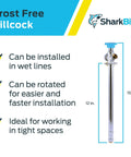 Frost Free Sillcock Outside Faucet With One Half Inch Push To Connect Inlet And Three Quarter Inch Garden Hose Outlet Includes Inlet Shut Off For Winter Drainage Brass Plumbing Fitting For PEX Copper CPVC PE RT HDPE with installation features on display.