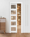 Sliding Pocket Door 30 X 80 With 5 Lite Frosted Glass And Hardware Kit Solid Wood And MDF Slab Waterproof Surface Pre Drilled Panel Hidden Mount Design Ready To Assemble For Easy Installation