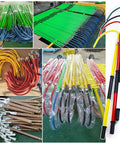 Heavy-Duty Fiberglass Insulated Rescue Pole For High Voltage Safety with various colored hooks and lengths displayed.