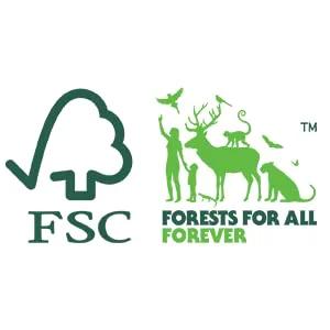 FSC logo with forests for all forever graphic, promoting sustainable and eco-friendly practices in forestry.