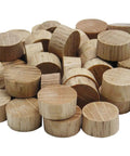FSC Ethically Sourced Oak 1/2-Inch Flat Head Wood Plugs, 45-Pack for Hole Fills, shown in a pile, ideal for furniture projects.