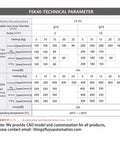FSK40 technical parameters table for stepper and AC servo motors with position accuracy and speed details.
