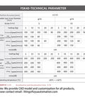 FSK40 CNC motion table specifications including accuracy, speed, load, and temperature details for motors and screws.