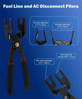 All In One Master Quick Disconnect Tool Kit For Fuel Lines And A C Systems Transmission Hoses Gas Line Removal And Separator Tools Pro Grade Heavy Duty Pliers And Connectors Kit Compatible With GM Ford Chrysler showing pliers with jaw and fork measurements.