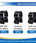 32 Piece Black Fuel Line Clamps Set for Fuel Injection Hose Clamps in One Quarter Inch Five Sixteenth Inch and Three Eighth Inch Sizes Zinc Plated High Pressure Hose Clamps