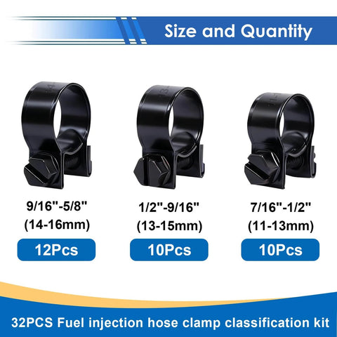 32 Piece Black Fuel Line Clamps Set for Fuel Injection Hose Clamps in One Quarter Inch Five Sixteenth Inch and Three Eighth Inch Sizes Zinc Plated High Pressure Hose Clamps