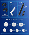 All In One Master Quick Disconnect Tool Kit For Fuel Lines And A C Systems Transmission Hoses Gas Line Removal And Separator Tools Pro Grade Heavy Duty Pliers And Connectors Kit Compatible With GM Ford Chrysler, showing various tools and their sizes.