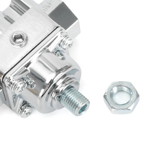 Close-up of Adjustable Fuel Pressure Regulator With Gauge for Holley and Edelbrock Carburetors, metal fitting, Model 12-804.