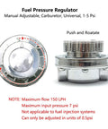 Adjustable 1 to 5 PSI Fuel Pressure Regulator For Carburetors With Zinc Alloy Body And Chrome Finish Manual Dial Control Front View