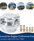 Fuel Pressure Regulator Kit For Carbs With Manual Five Gear Adjustable Dial And Facet Pump Compatibility shown with adapters
