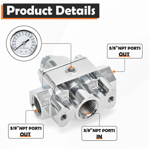 Adjustable Fuel Pressure Regulator With Gauge For Holley And Edelbrock Carburetors, 3/8 NPT, 1 In 2 Out, Model 12-804