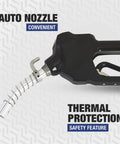 Close-up of Roughneck Heavy-Duty Fuel Transfer Pump - 15 GPM, 120 Volt AC, Auto Nozzle, Gasoline Compatible showing nozzle