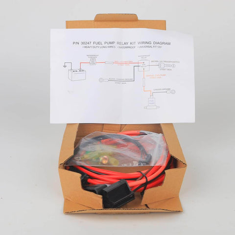 Electric Fuel Pump Relay Kit For 12V Systems With 40 Amp Waterproof Relay, Bypass Harness, Heavy Duty Long Wiring, Universal Fit For Cars And Trucks, 30247 Replacement, Electric Switches Included in packaging with wiring diagram.