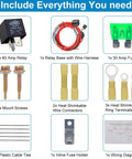 Electric Fuel Pump Relay Kit For 12V Systems With 40 Amp Waterproof Relay, Bypass Harness, Heavy Duty Long Wiring, Universal Fit For Cars And Trucks, 30247 Replacement, Electric Switches Included with components displayed.