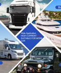 Collage of a large white truck, luxury boat, recreational vehicle, and off-road car demonstrating 12V system use.