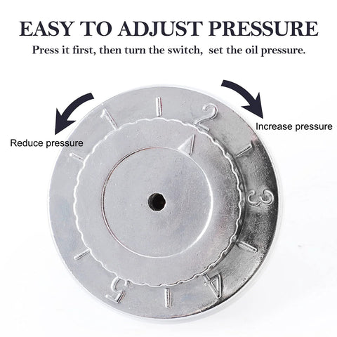 Close-up of manual five gear adjustable dial on fuel pressure regulator kit for carbs, showing pressure settings and arrows for easy adjustment.
