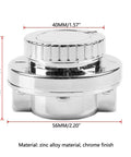 Adjustable 1 to 5 PSI Fuel Pressure Regulator with zinc alloy body, chrome finish, shown with size dimensions and manual dial control.