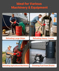 Collage showing Workhorse 16 GPM Oil Transfer Pump For Diesel Kerosene Biodiesel From VEVOR 110V AC Electric Fuel Transfer Pump used for refueling.