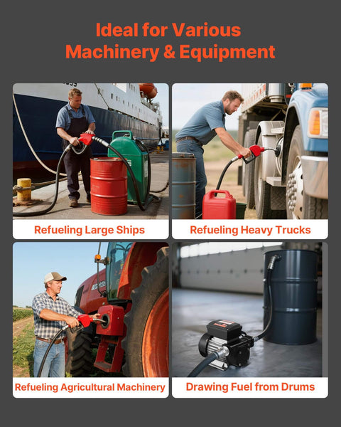 Collage showing Workhorse 16 GPM Oil Transfer Pump For Diesel Kerosene Biodiesel From VEVOR 110V AC Electric Fuel Transfer Pump used for refueling.