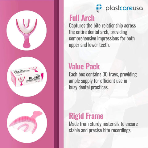 Full Arch Pink Disposable Dental Bite Registration Trays for Teeth Impressions, 30 Count Box, Rigid Frame, Product Features