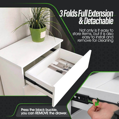 White dresser with open drawer showing 1 Pair Full Extension Ball Bearing Drawer Slides 8 10 12 14 16 18 20 22 24 Inch 100 LB Load Capacity Side Mount File Cabinet Rails Dresser Metal Runner Trash Can Kitchen (10 inch, Black) installed on the side, detachable design