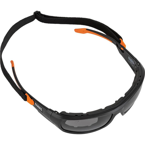 Top view of Full Frame Gasket Safety Glasses With Foam Seal Anti Fog UV Scratch Resistant showing black frame and nylon strap.
