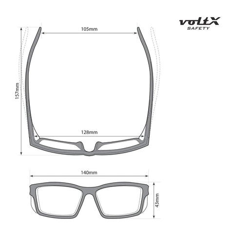 Technical diagram of Full Lens Reading Safety Glasses 1.5 Diopter ANSI Z87.1 CE EN166F Anti Fog UV400, showing frame dimensions.