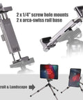 Full Metal Tablet Tripod Holder With Universal Clamp And Arca Swiss Dovetail Mounts, shown with 1/4 inch screw holes and Arca-Swiss rail base.
