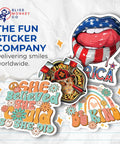 Collage of colorful stickers including American flag lips, firefighter skull, floral text, and rainbow with lettering.