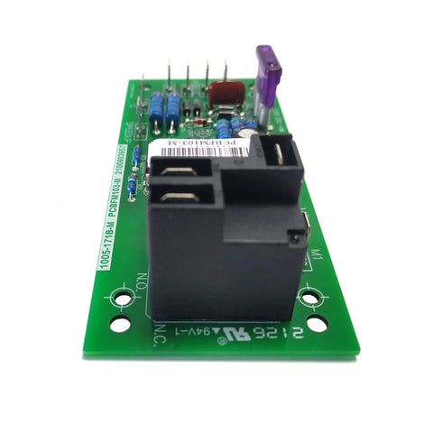 Upgraded Furnace Fan Circuit Board Replacement For PCBFM103S With Time Delay And 3 Amp Fuse, front view, showing components and layout.