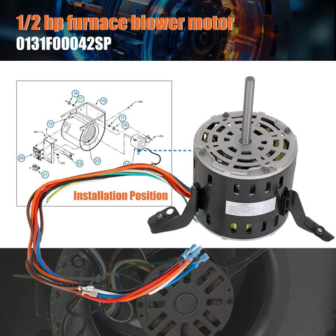 Front view of Replacement 1/2HP 115V Blower Motor for Goodman Amana Janitrol Units 0131F00042SP 1130RPM with wires and diagram.