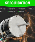 Furnace Blower Motor Half Horsepower 208 To 230 Volt 1050 RPM For Intertherm E7 Furnaces and compatible brands, side view with specs