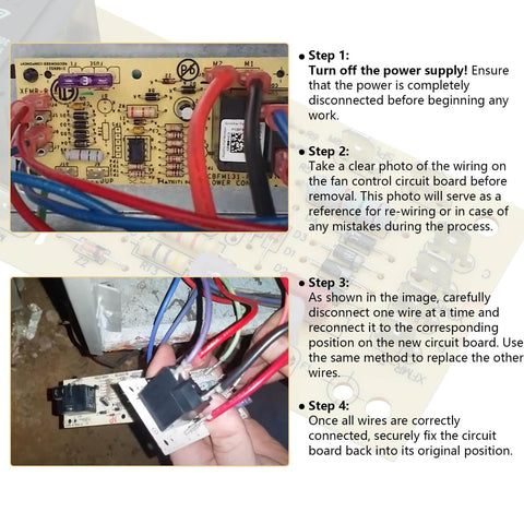 Furnace Blower Control Board Replacement With Time Delay Circuit Board For Goodman Daikin Amana Models PCBFM103S PCBFM131S OEM Replacement Easy Install And Broad Compatibility. Image shows a circuit board with wiring connections and step-by-step installation instructions.