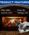 Furnace Draft Inducer Exhaust Vent Blower Motor For Fasco 70582726 And ICP Intercity Direct Replacement displayed in front of fireplace