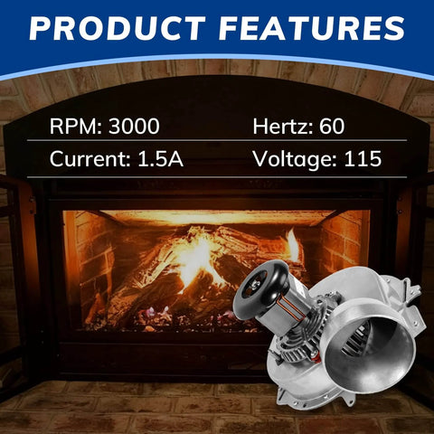 Furnace Draft Inducer Exhaust Vent Blower Motor For Fasco 70582726 And ICP Intercity Direct Replacement displayed in front of fireplace