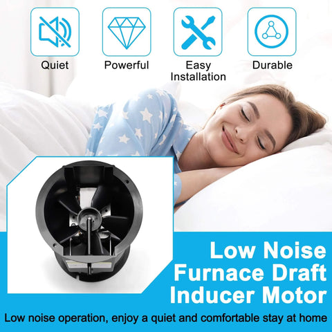 Draft Inducer Furnace Blower Motor Replacement for Nordyne Nortek Intertherm Miller Gibson Packard and More Easy Install Direct Fit Replacement Parts 903404 65404 SM3404 903404 1 621787 Hipoilk showcasing low noise feature with a person sleeping peacefully in the background.