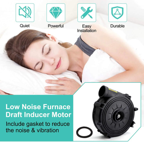 Furnace Draft Inducer Blower Motor Assembly Drop In Replacement For Goodman Furnaces Replaces 0171M00001S 22307501 22307501 Jakel J23815015293 Rotom FB RFB501 And Other Compatible Parts with sleeping woman in background.