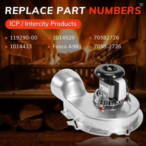 Furnace Draft Inducer Exhaust Vent Blower Motor For Fasco 70582726 And ICP Intercity Direct Replacement in front of fireplace